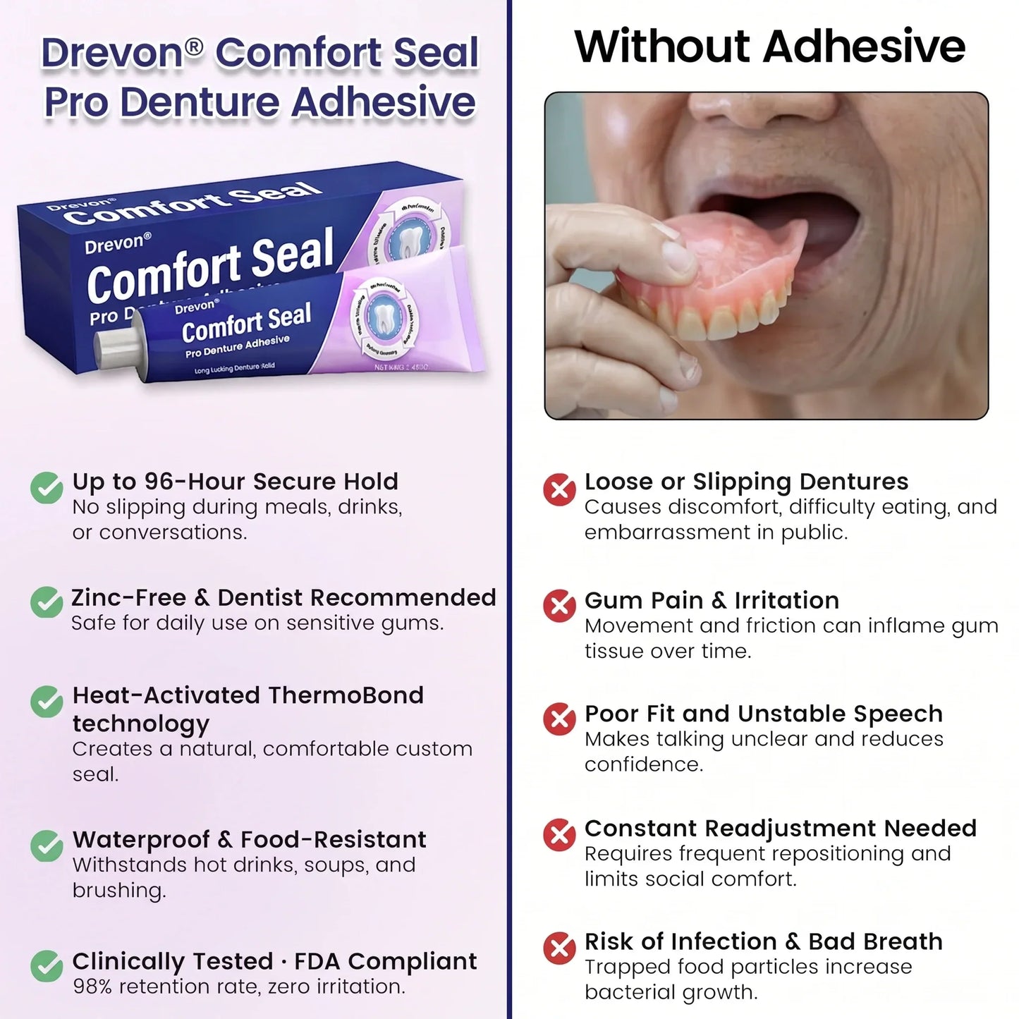 š„ LIMITED SPECIAL OFFER š„DrevonĀ® DeComfort Seal Pro Denture Adhesiveš¦·šFDA Certified (Clinically Proven 96- Hour Lock Hold for Secure, Comfortable & Zinc-Free Denture Fit)