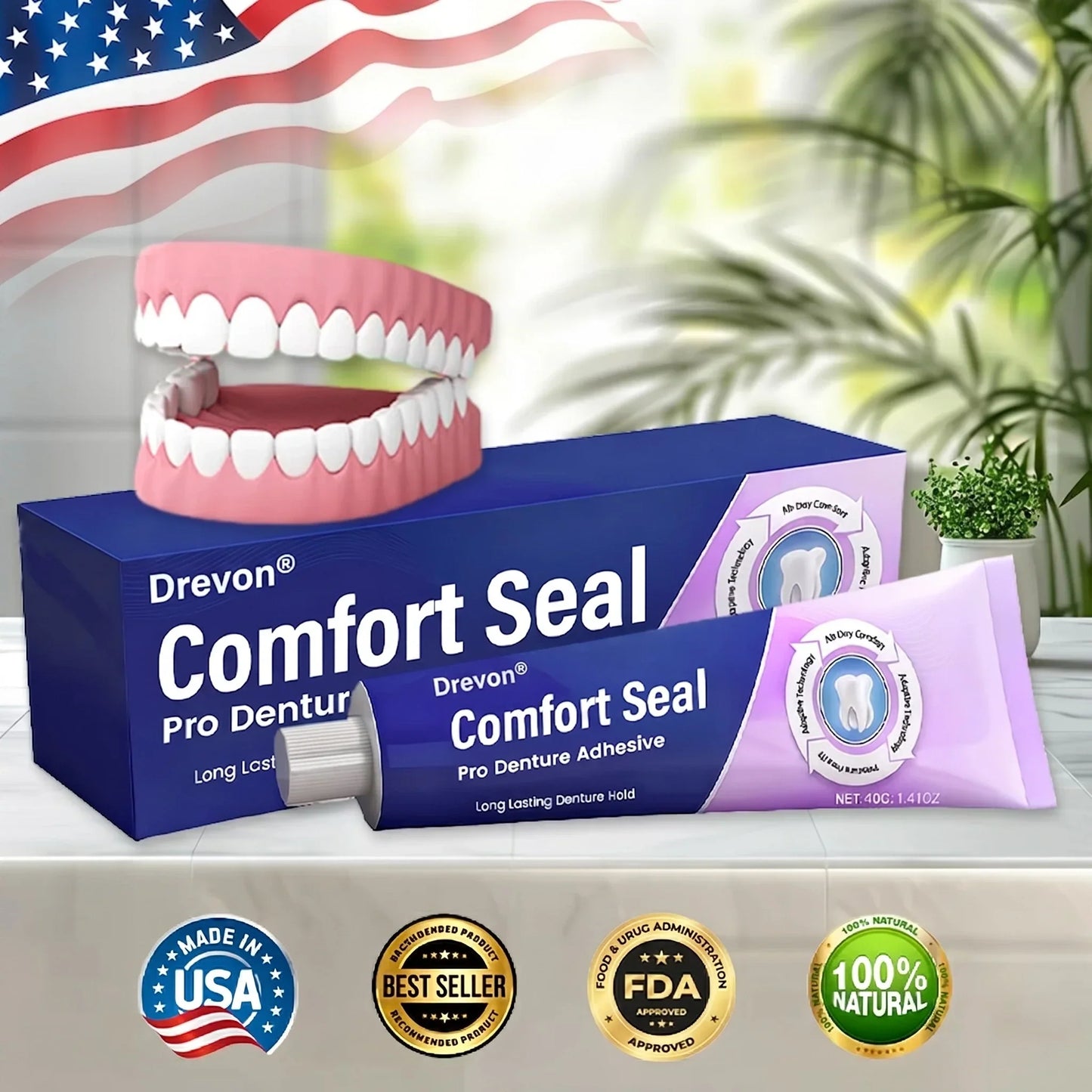 🔥 LIMITED SPECIAL OFFER 🔥Drevon® DeComfort Seal Pro Denture Adhesive🦷💜FDA Certified (Clinically Proven 96-   Hour Lock Hold for   Secure, Comfortable &   Zinc-Free Denture Fit)