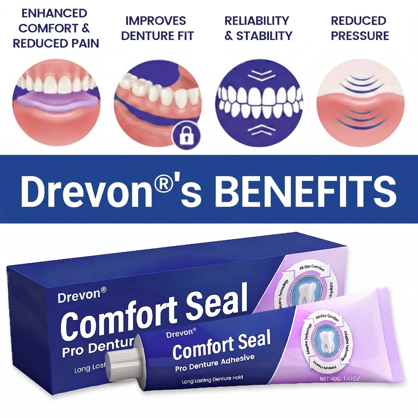 🔥 LIMITED SPECIAL OFFER 🔥Drevon® DeComfort Seal Pro Denture Adhesive🦷💜FDA Certified (Clinically Proven 96-   Hour Lock Hold for   Secure, Comfortable &   Zinc-Free Denture Fit)