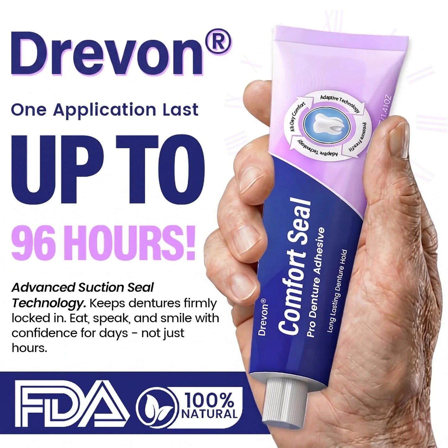 🔥 LIMITED SPECIAL OFFER 🔥Drevon® DeComfort Seal Pro Denture Adhesive🦷💜FDA Certified (Clinically Proven 96-   Hour Lock Hold for   Secure, Comfortable &   Zinc-Free Denture Fit)