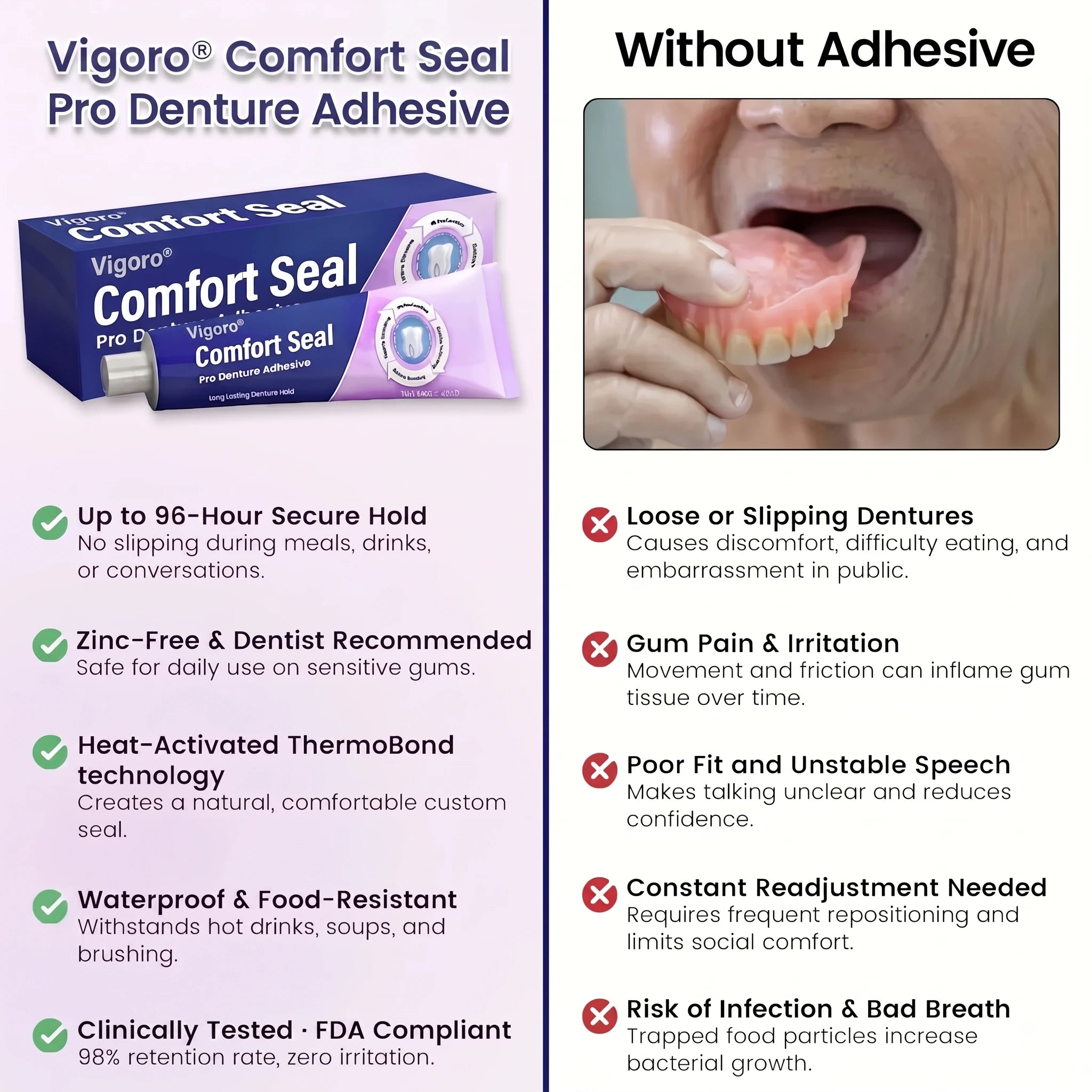 🔥Vigoro® DeComfort Seal Pro Denture Adhesive🦷💜FDA Certified (Clinically Proven 96-   Hour Lock Hold for   Secure, Comfortable &   Zinc-Free Denture Fit)